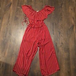 Red striped off the shoulder jumpsuit from Papaya